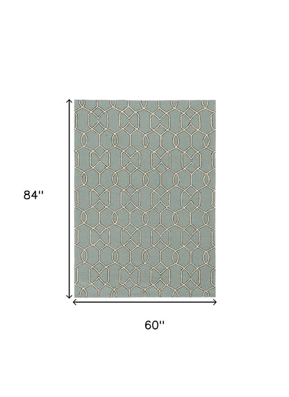 5' X 7' Green and Ivory Geometric Hand Hooked Area Rug