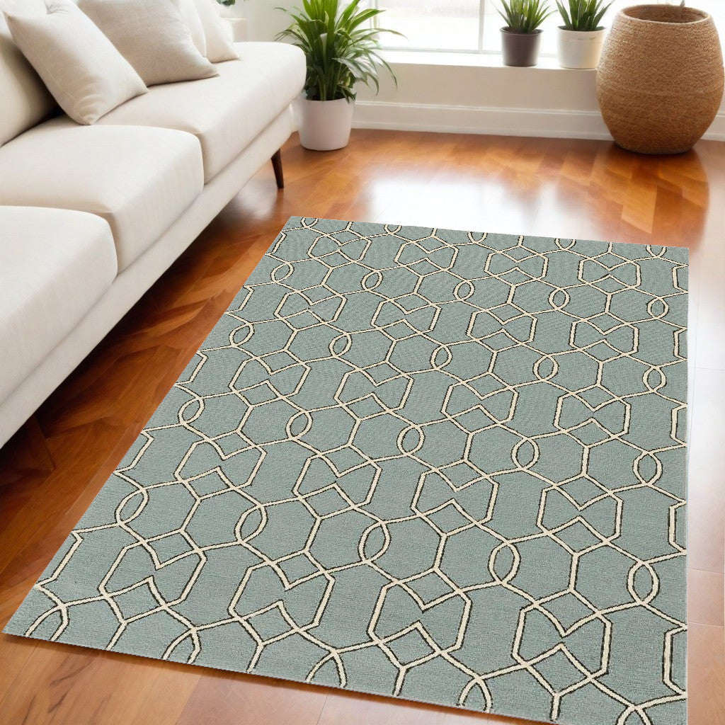 5' X 7' Green and Ivory Geometric Hand Hooked Area Rug