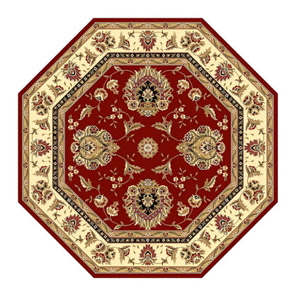 7' Red And Ivory Floral Medallion Octagon Rug