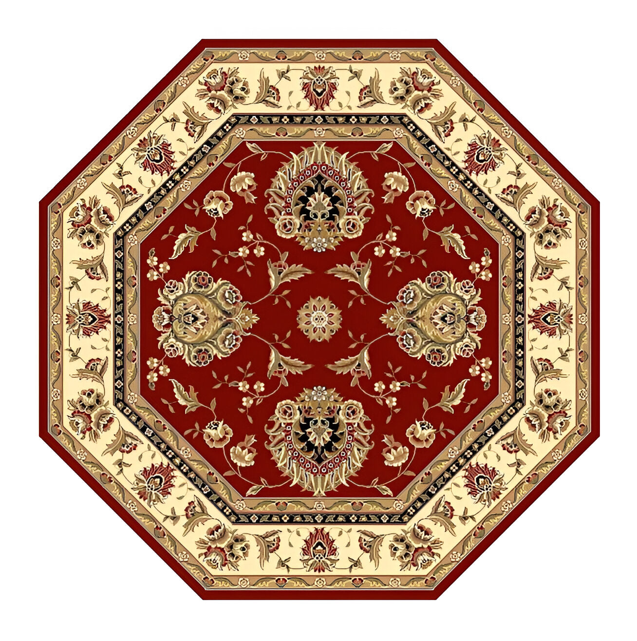 7' Red And Ivory Floral Medallion Octagon Rug