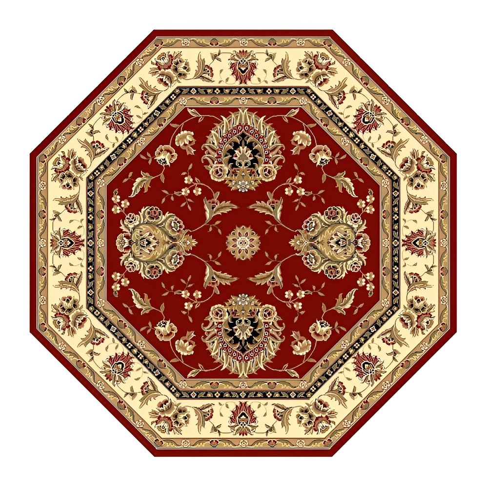 7' Red And Ivory Floral Medallion Octagon Rug