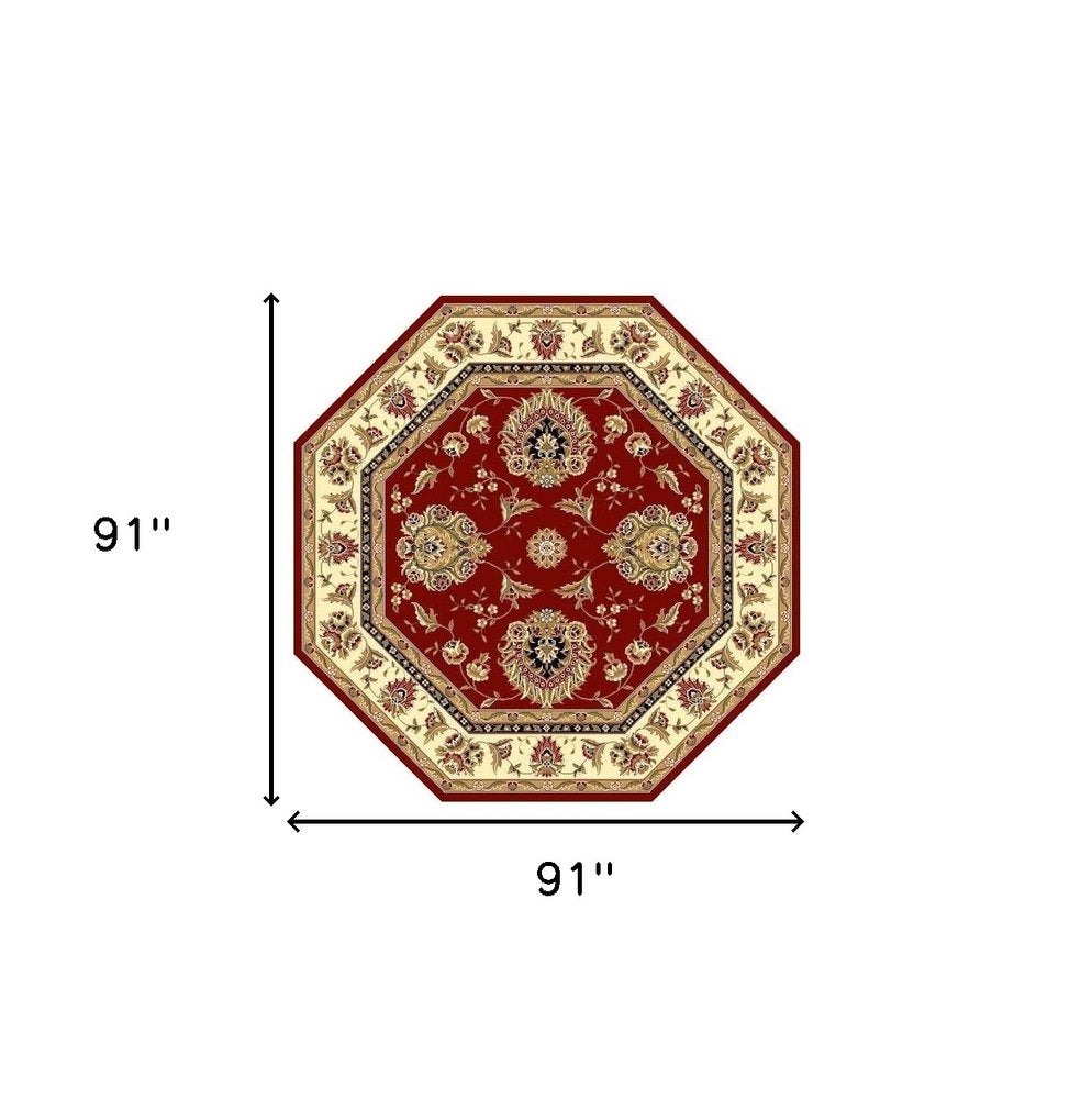 7' Red And Ivory Floral Medallion Octagon Rug