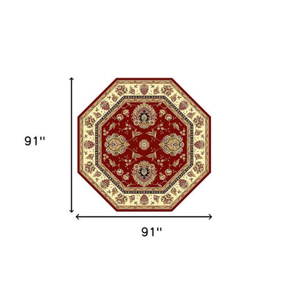7' Red And Ivory Floral Medallion Octagon Rug