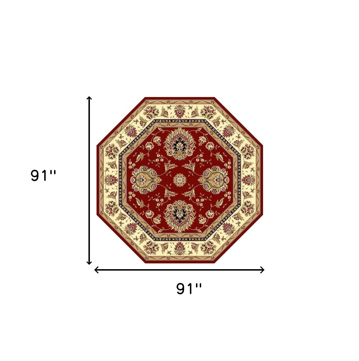 7' Red And Ivory Floral Medallion Octagon Rug