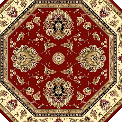 7' Red And Ivory Floral Medallion Octagon Rug