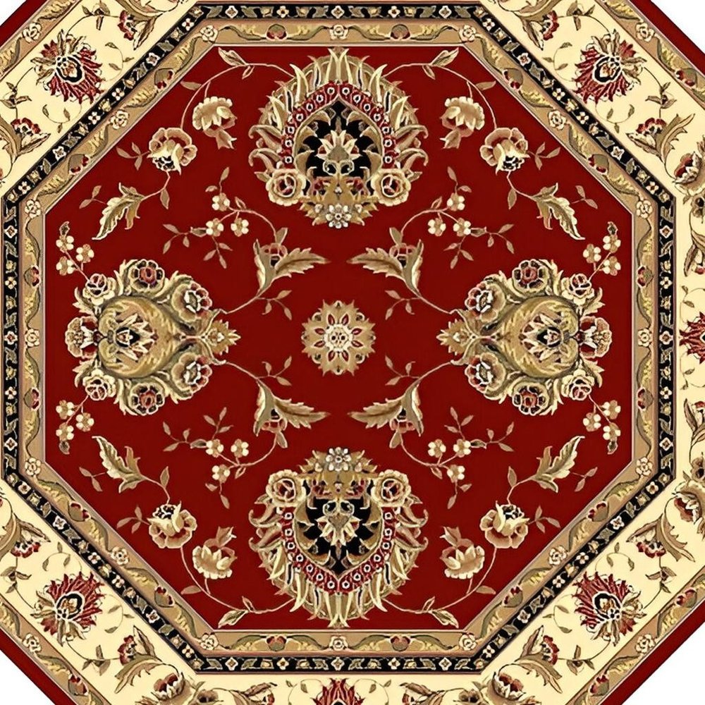 7' Red And Ivory Floral Medallion Octagon Rug