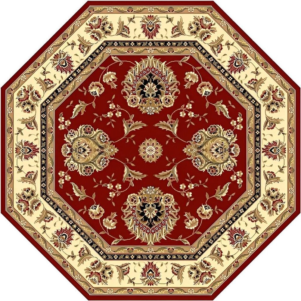 7' Red And Ivory Floral Medallion Octagon Rug