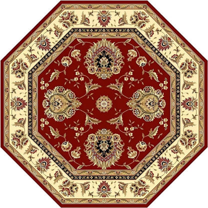7' Red And Ivory Floral Medallion Octagon Rug
