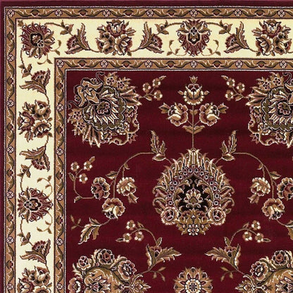 7' Red And Ivory Floral Medallion Octagon Rug