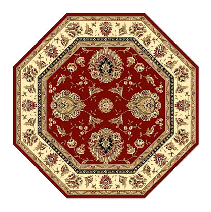 7' Red And Ivory Floral Medallion Octagon Rug