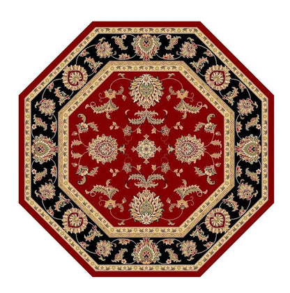 7' Red Black And Gold Floral Medallion Octagon Rug