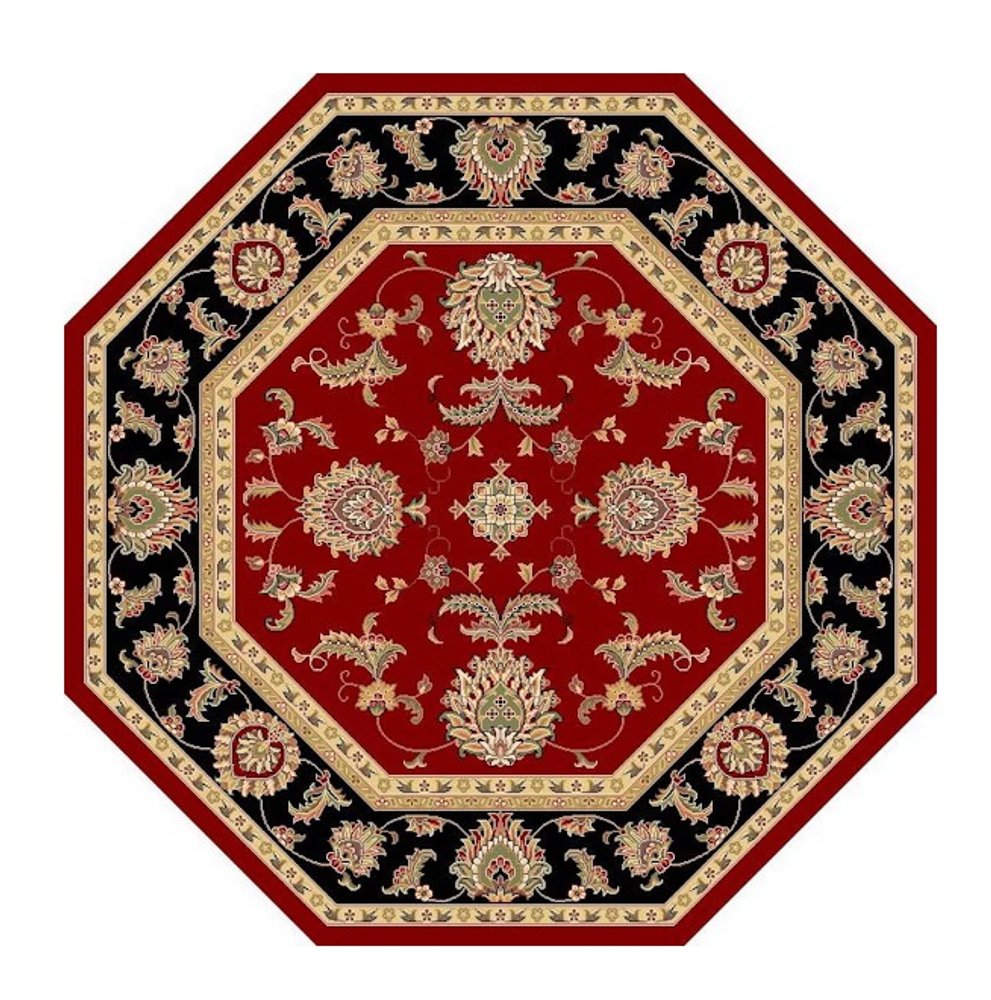 7' Red Black And Gold Floral Medallion Octagon Rug