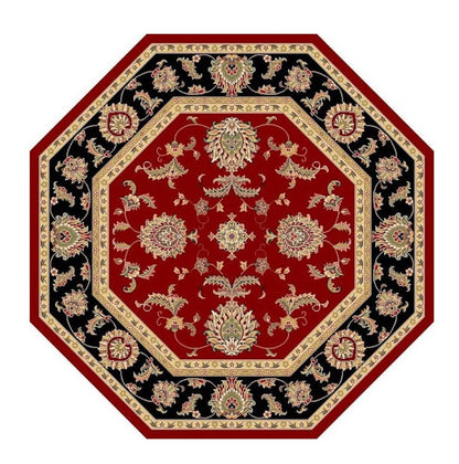 7' Red Black And Gold Floral Medallion Octagon Rug