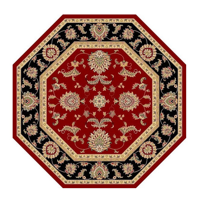 7' Red Black And Gold Floral Medallion Octagon Rug