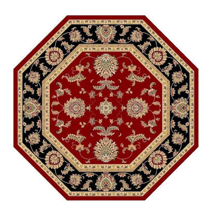 7' Red Black And Gold Floral Medallion Octagon Rug