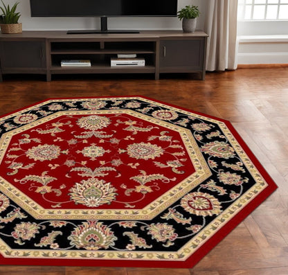 7' Red Black And Gold Floral Medallion Octagon Rug