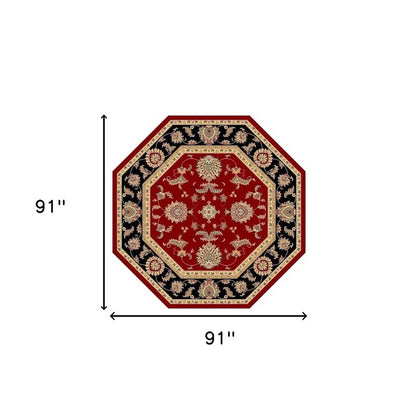 7' Red Black And Gold Floral Medallion Octagon Rug
