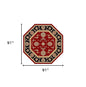 7' Red Black And Gold Floral Medallion Octagon Rug
