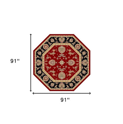 7' Red Black And Gold Floral Medallion Octagon Rug