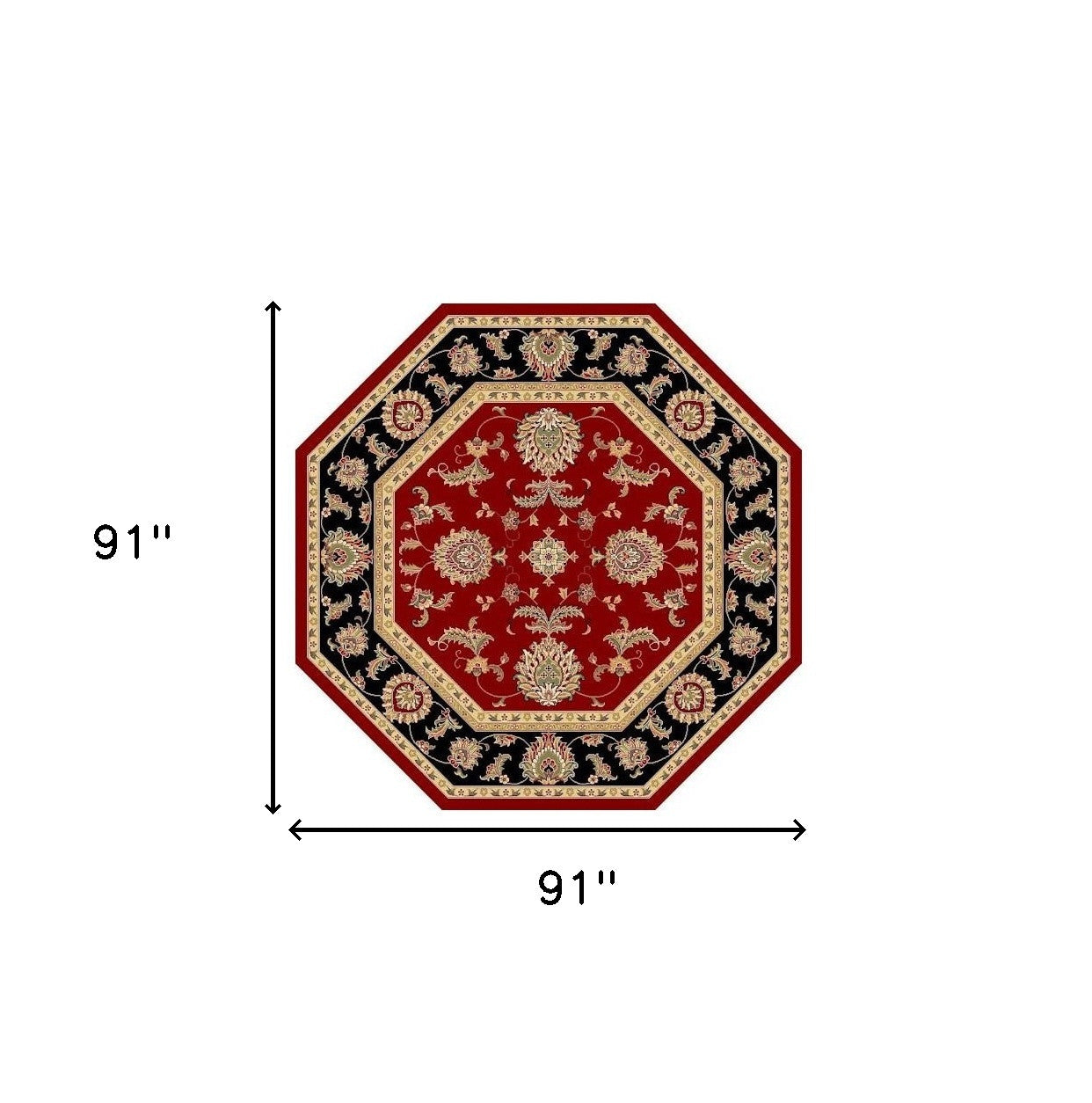7' Red Black And Gold Floral Medallion Octagon Rug