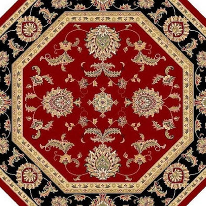 7' Red Black And Gold Floral Medallion Octagon Rug