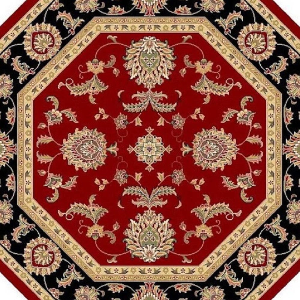 7' Red Black And Gold Floral Medallion Octagon Rug