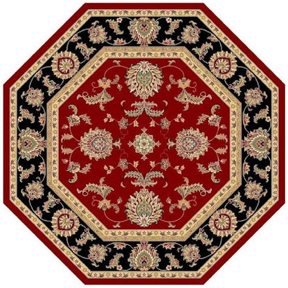7' Red Black And Gold Floral Medallion Octagon Rug