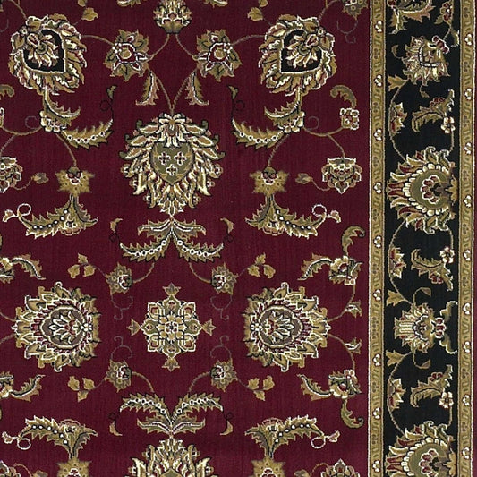 7' Red Black And Gold Floral Medallion Octagon Rug