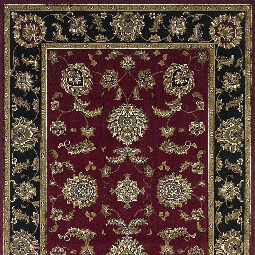7' Red Black And Gold Floral Medallion Octagon Rug