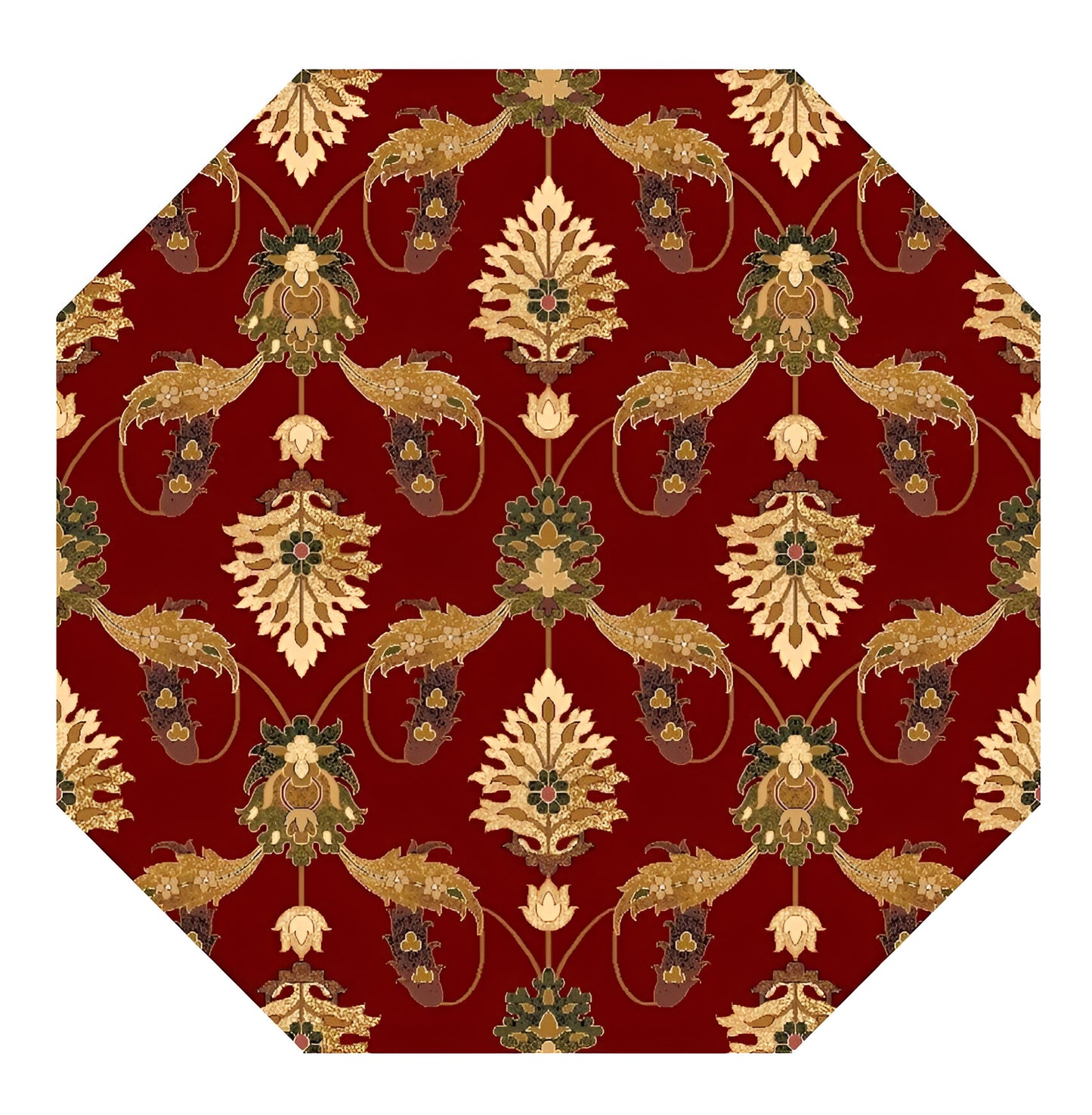 7' Red Beige And Brown Floral Vines Octagon Rug
