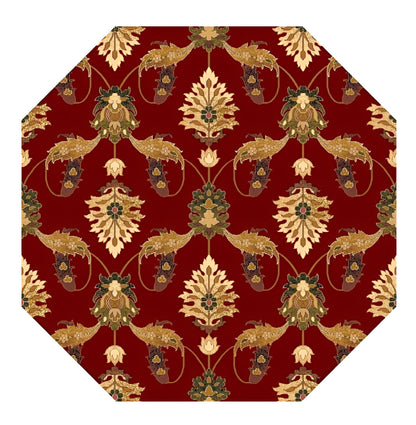7' Red Beige And Brown Floral Vines Octagon Rug