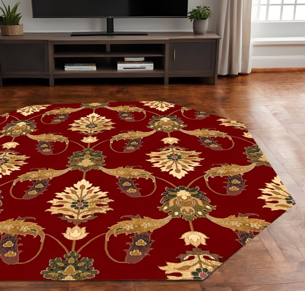 7' Red Beige And Brown Floral Vines Octagon Rug