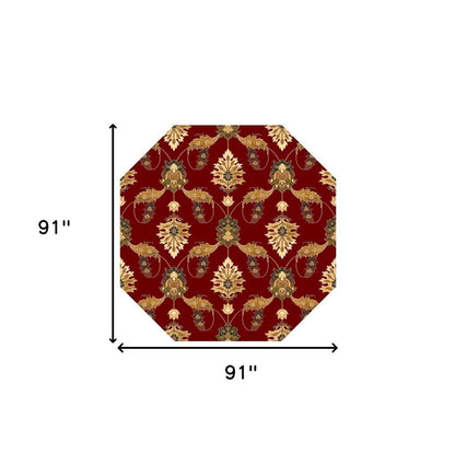 7' Red Beige And Brown Floral Vines Octagon Rug