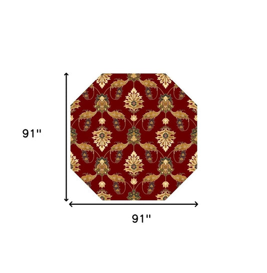 8' Red Beige And Brown Floral Vines Octagon Rug