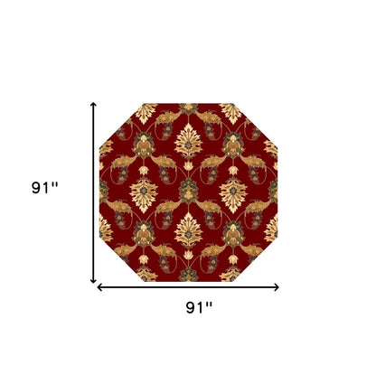 7' Red Beige And Brown Floral Vines Octagon Rug