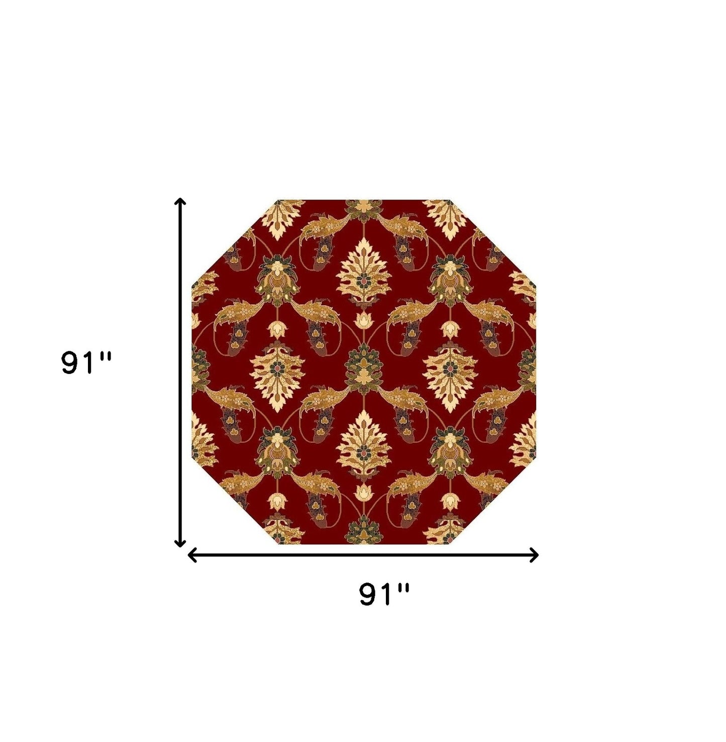 7' Red Beige And Brown Floral Vines Octagon Rug