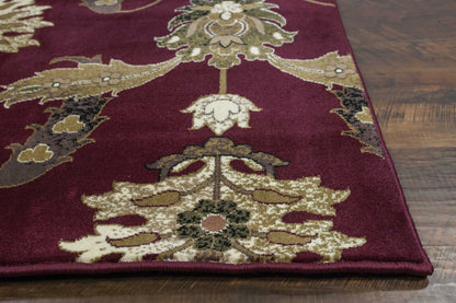 7' Red Beige And Brown Floral Vines Octagon Rug