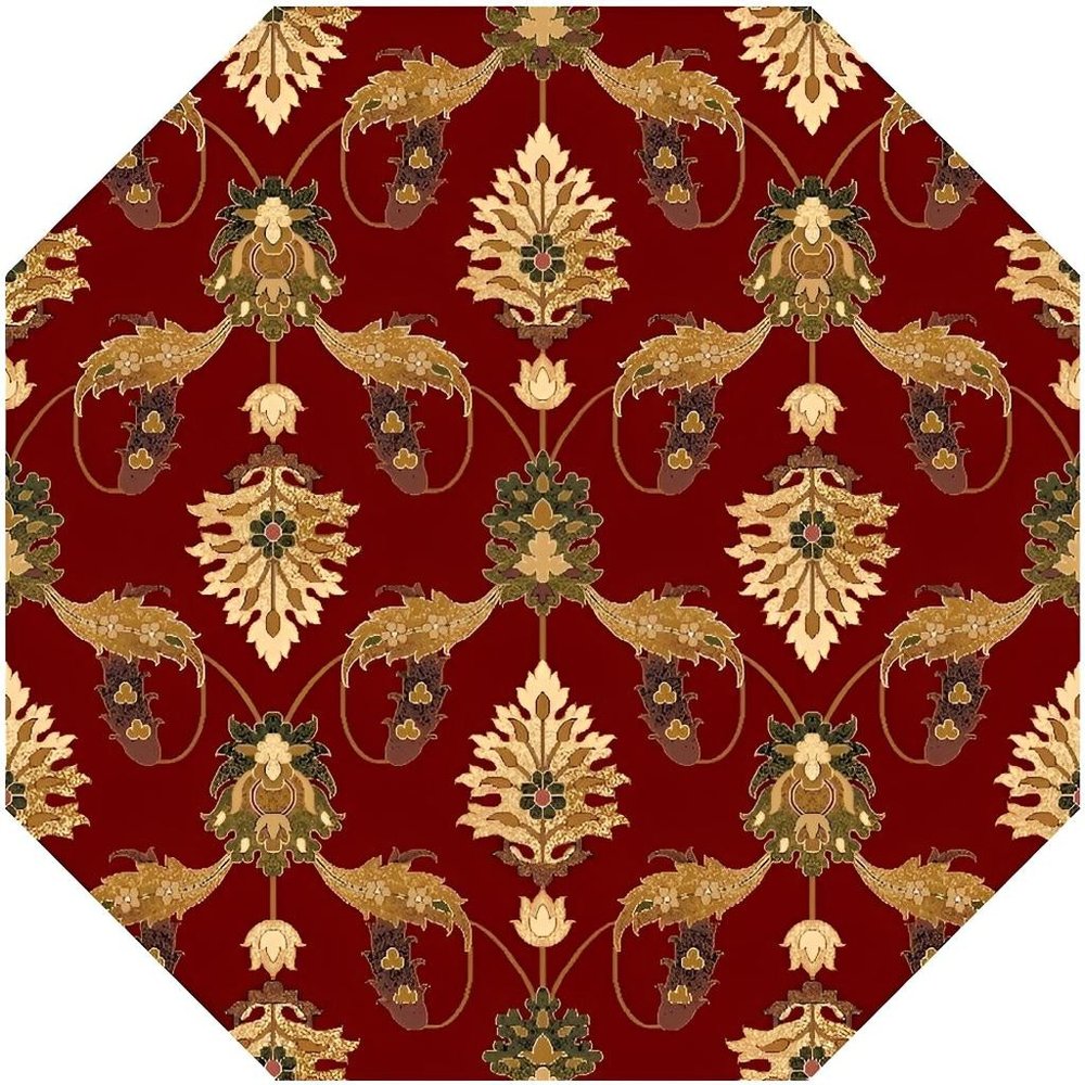8' Red Beige And Brown Floral Vines Octagon Rug