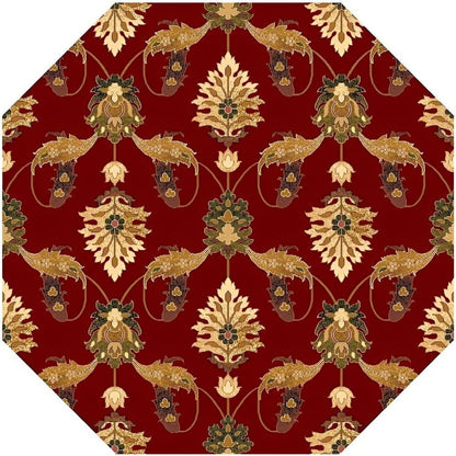7' Red Beige And Brown Floral Vines Octagon Rug