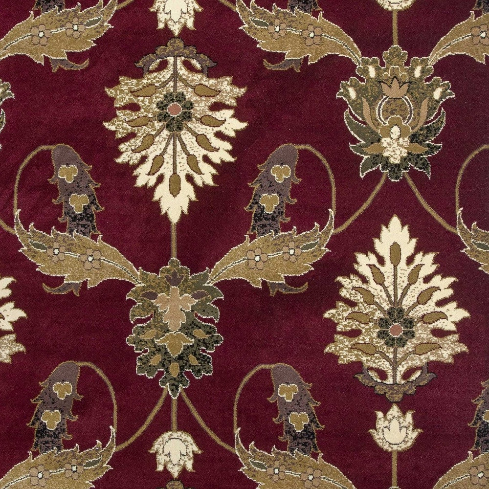 7' Red Beige And Brown Floral Vines Octagon Rug