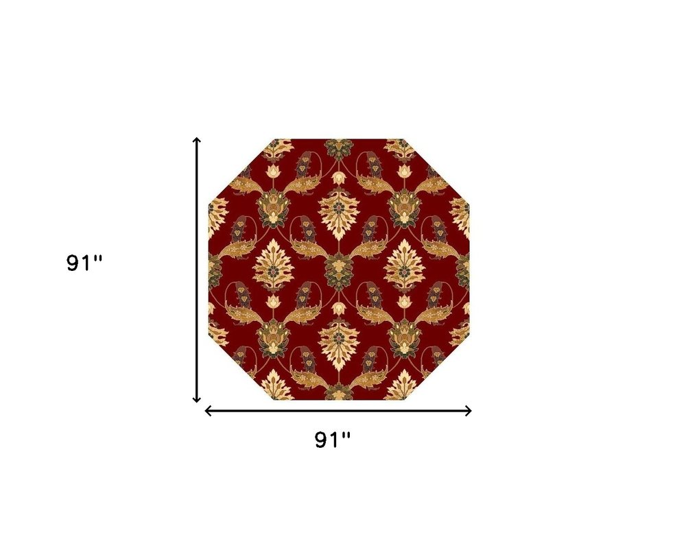 7' Red Beige And Brown Floral Vines Octagon Rug