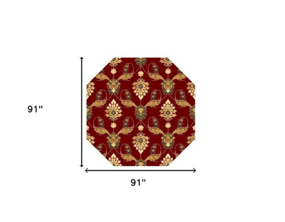 7' Red Beige And Brown Floral Vines Octagon Rug