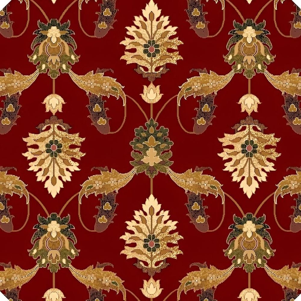 8' Red Beige And Brown Floral Vines Octagon Rug