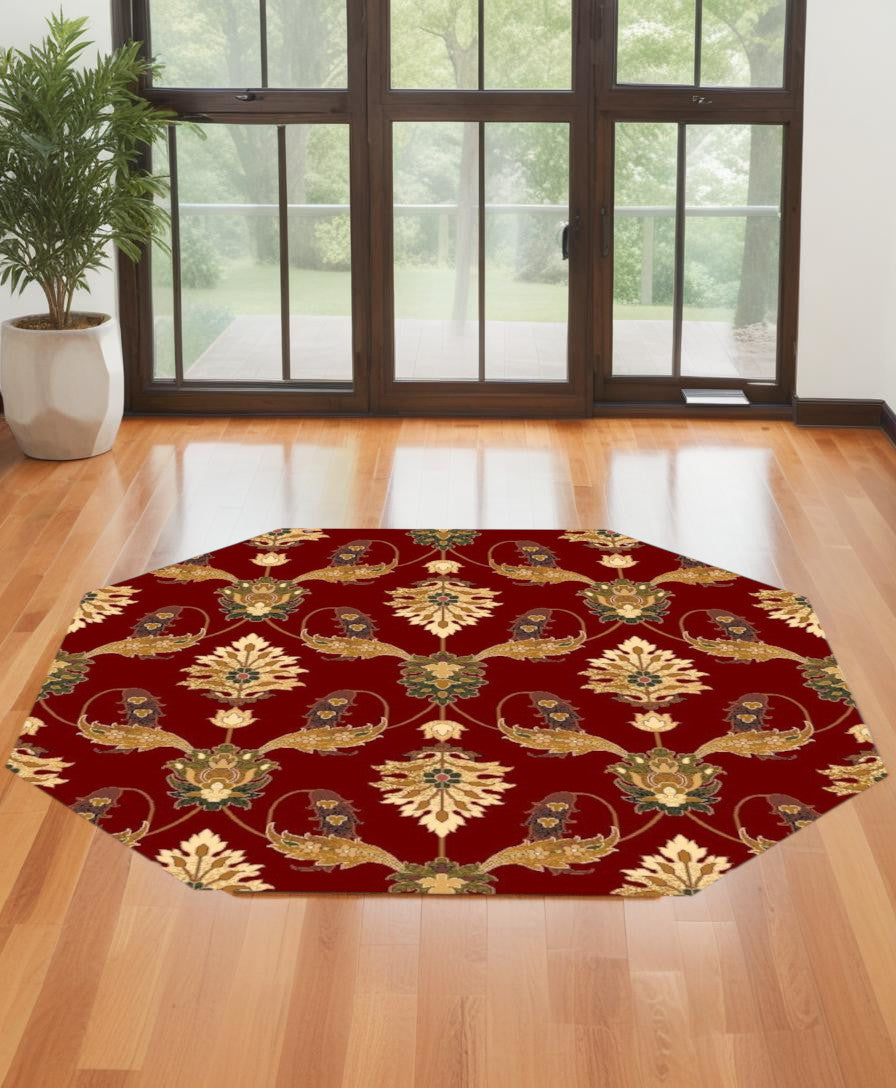 5' X 8' Red and Ivory Floral Area Rug