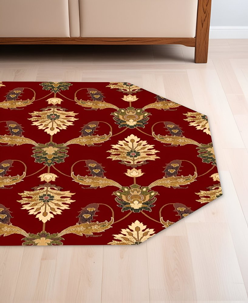 8' Red Beige And Brown Floral Vines Octagon Rug
