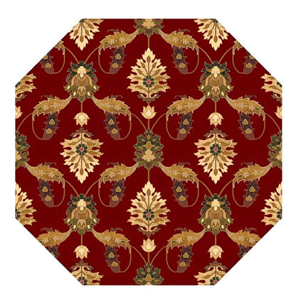 7' Red Beige And Brown Floral Vines Octagon Rug