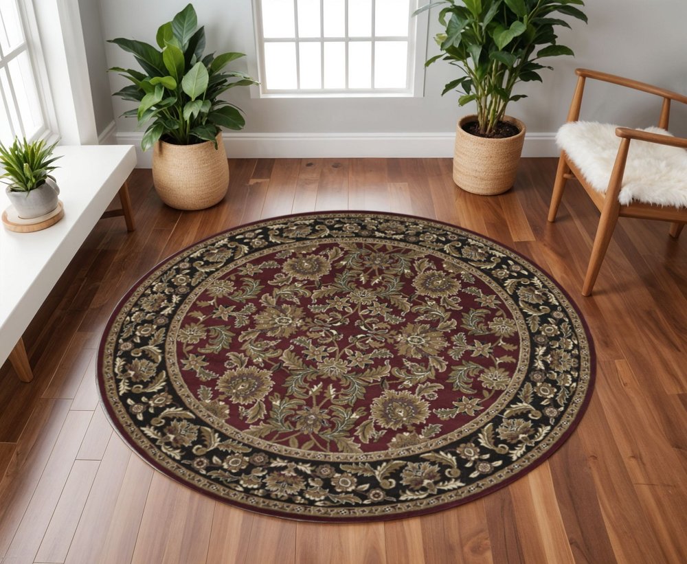5' X 8' Red And Black Floral Medallion Area Rug