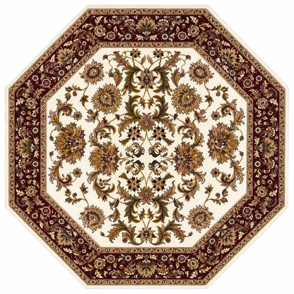 7' Ivory Red And Orange Floral Medallion Octagon Rug