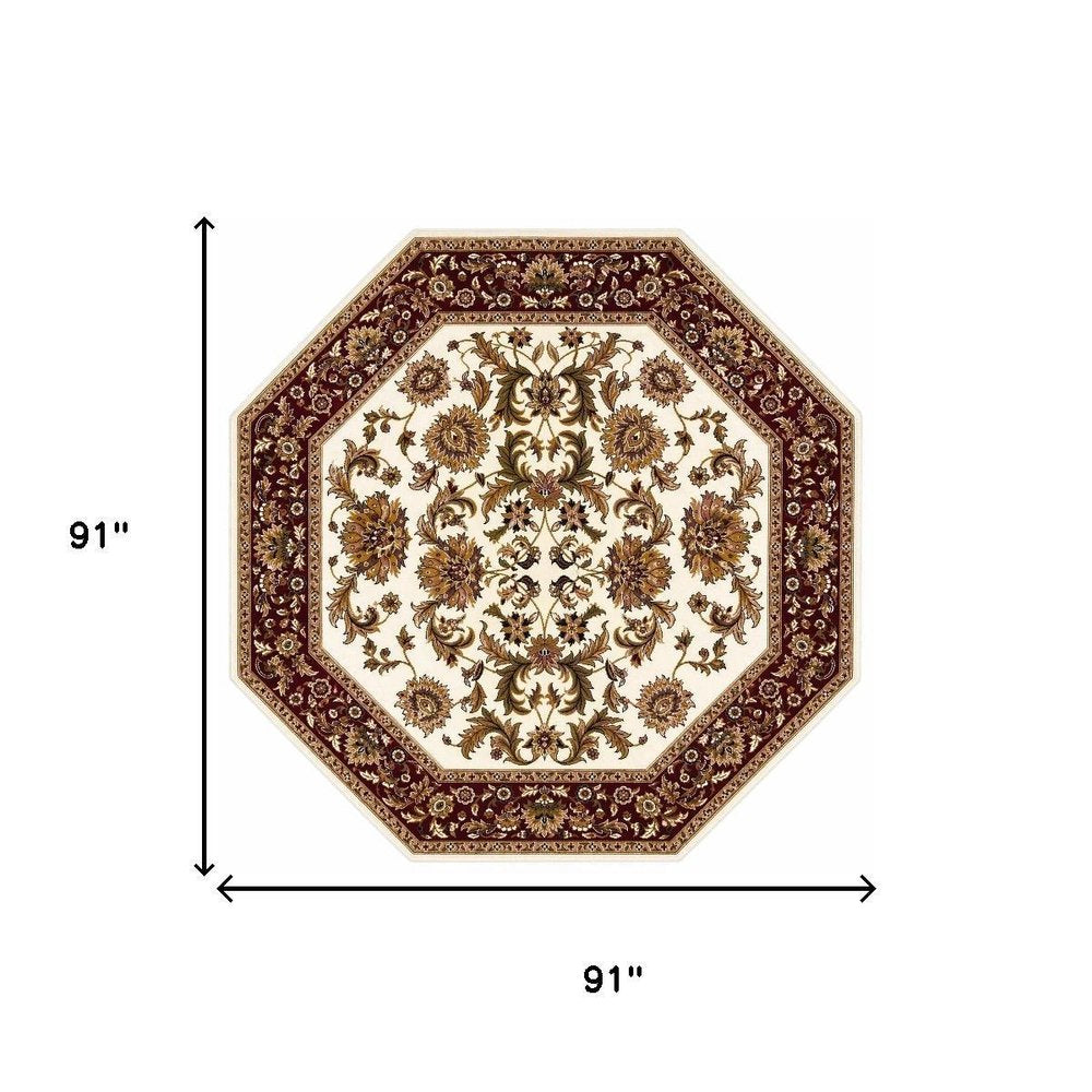 7' Ivory Red And Orange Floral Medallion Octagon Rug