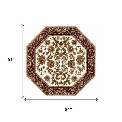 7' Ivory Red And Orange Floral Medallion Octagon Rug